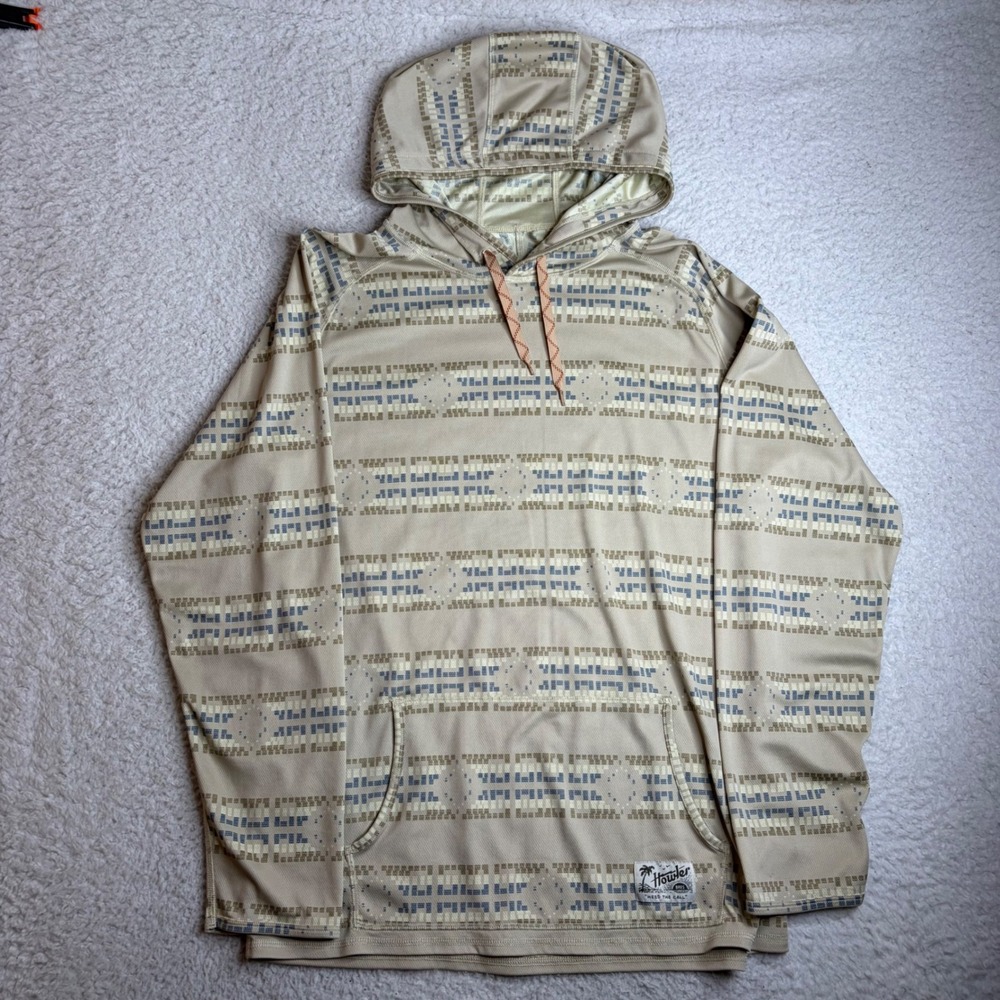 Howler Bros Loggerhead Mens XL Sun Hoodie Tan Blue Geometric Performance